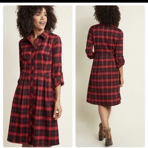 Modcloth 3/4 Sleeves Buffalo Plaid Button Down Flannel Shirt Dress Size 8